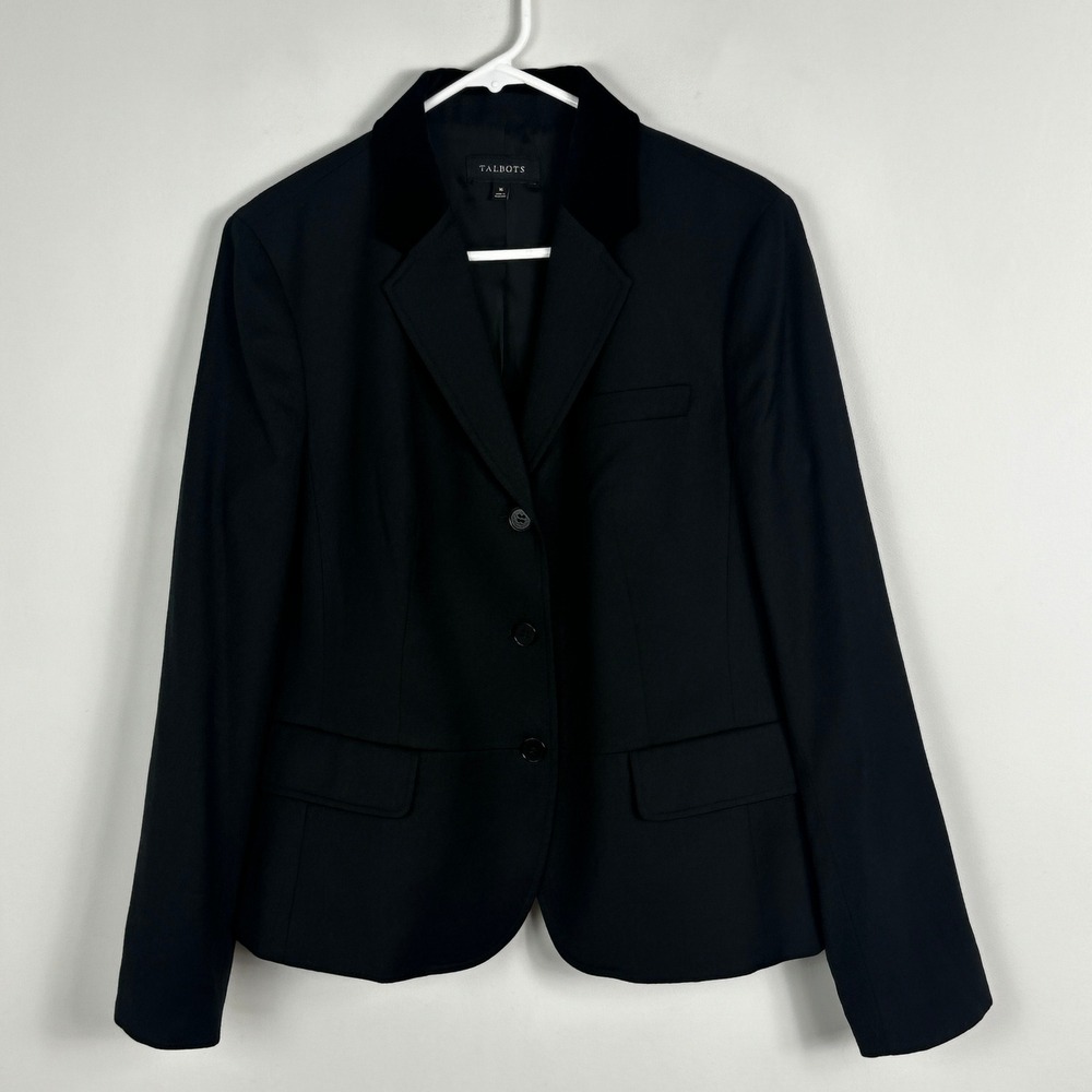 Talbots Black Blazer Jacket Velvet Collar‎ Size 16 Wool Minimalist Professional